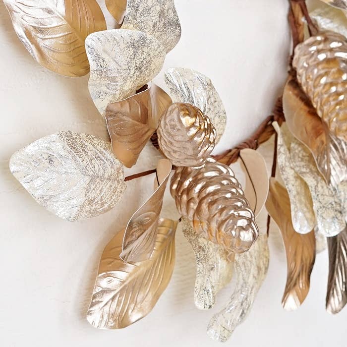 30800 - 20in Wreath - Champagin Metalic Magnolia Leaves with Bu - HER Home Design Boutique